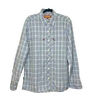 Simms Fishing Button Up Shirt Long Sleeve Blue Plaid Sz L Quick Dry Zip Pocket